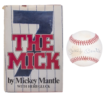 Mickey Mantle Single Signed OAL Brown Baseball & Signed Hardcover Autobiography "The Mick" (UDA & Beckett)